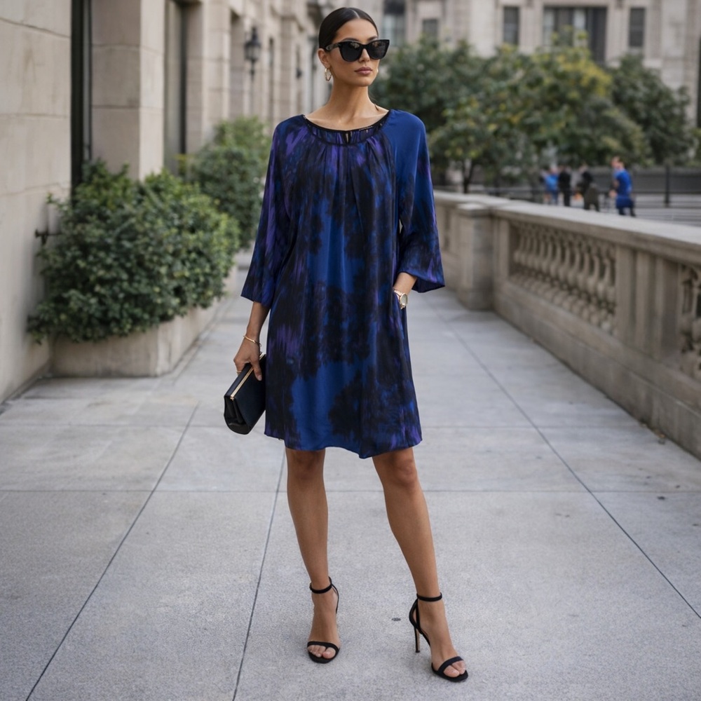 Ellie Tahari Silk Blue & Purple Abstract Pattern Print Dress Small